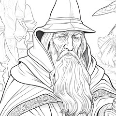 Beautiful Wizard Coloring Page, Perfect Design For your Project and Creations, Ai Generative