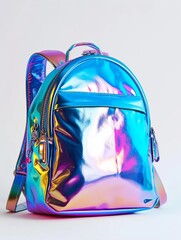 Holographic shiny backpack on white background