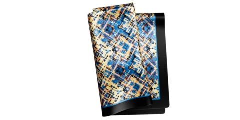 Yellow blue geometric pattern silk pocket square with thick black border, isolated on a transparent background.  folded pocket square