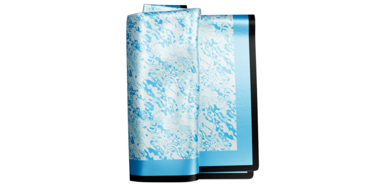 Blue white abstract print silk pocket square with thick blue & black border,   isolated on a transparent background. Folded pocket square