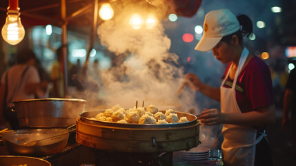A street food scene with a vendor serving steaming hot dumplings in an Asian night market.