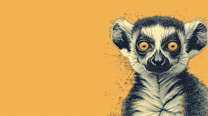  a close up of a lemura's face on a yellow background with a black and white stripe on the bottom of the image and a black stripe on the bottom of the bottom of the image. - obrazy, fototapety, plakaty