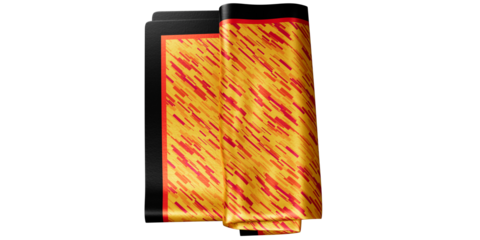 yellow silk pocket square with a geometric red pattern and a thick black and red border isolated on a transparent background. Top view of Folded pocket square