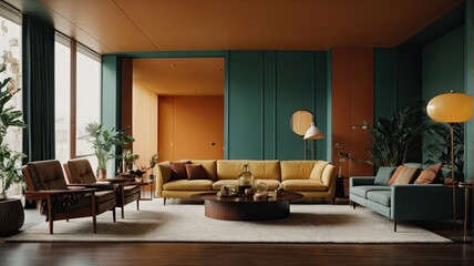 Interior of modern living room with green and yellow walls, wooden floor, comfortable sofa and armchairs