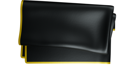 Black silk pocket square with thin golden boarder folded pocket square, isolated on a transparent background. 
