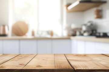 Clean and bright modern kitchen with empty wood counter and blur background ready for product montage