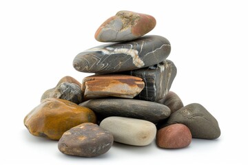 Fototapeta na wymiar Pyramid of various sea pebbles, pyramid of balanced stones Isolated on white background. Concept harmony, life balance and meditation.