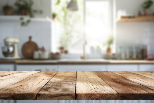 Clean and bright kitchen interior with a beautiful wooden table top and blurred bokeh background perfect for product montage
