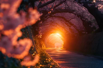 Papier Peint photo autocollant Rouge violet Sakura Splendor: Side View of Japan's Blossom Tunnel