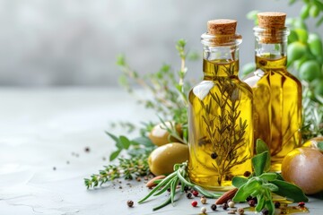 Golden olive oil and vinegar bottles with thyme and aromatic herbs leaves