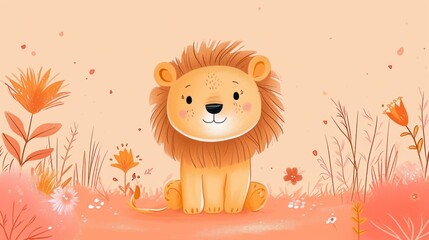  a cartoon lion sitting in the middle of a field with flowers and grass on it's sides, with a pink background and a pink background with orange flowers and leaves.