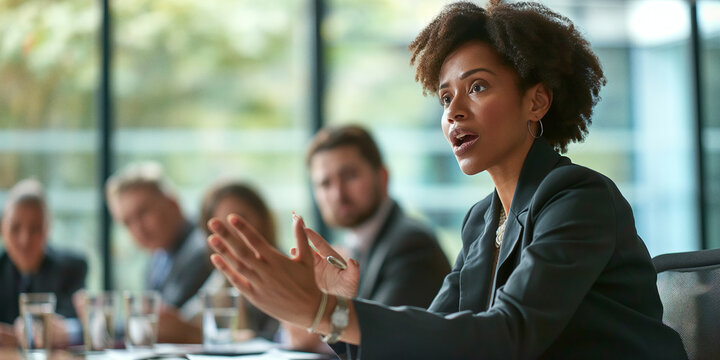 A determined businesswoman engages in a conversation about sustainability, her transparent suit and confident face reflecting her commitment to ethical management