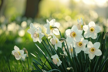 White daffodils in a flower garden in spring.