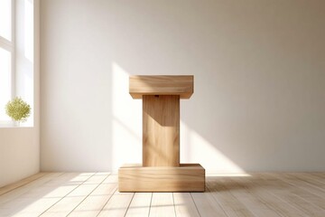 Wooden podium on top in white room. Generative AI