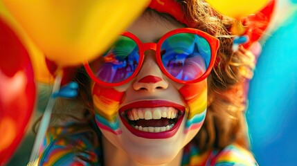 Portrait of a smiling girl with bright makeup and red lips