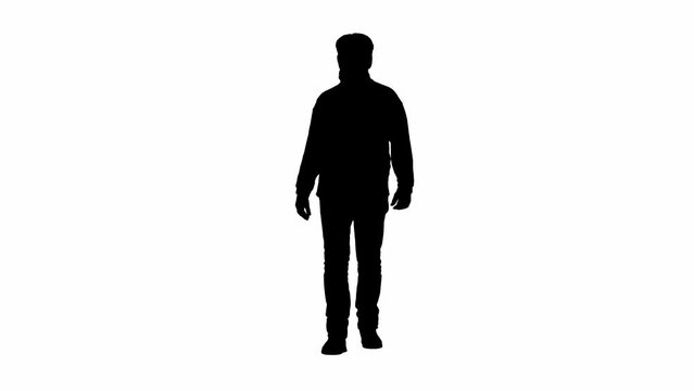 Black silhouette of elderly bearded man on white isolated background. Full frame elderly man walking, front view.