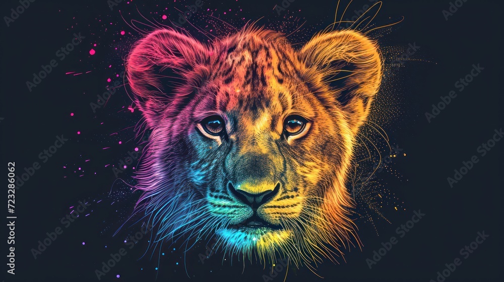 Aufkleber a close up of a lion's face with multicolored lines on it's face and it's face looking at the camera