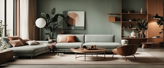 Living room interior with sofa, coffee table and plant