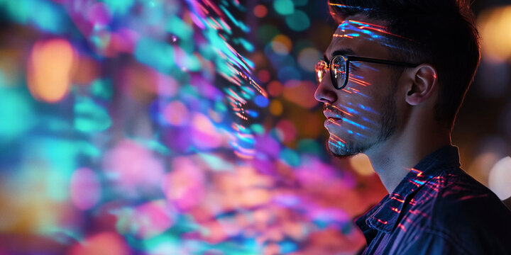 A man's face, framed by his glasses, is illuminated by the vibrant glow of colorful lights, creating a mesmerizing display of emotion and style