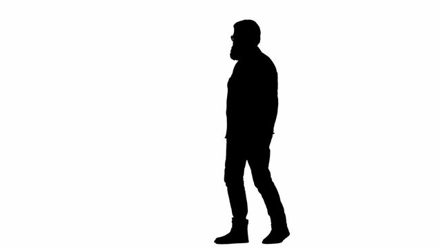 Black silhouette of elderly bearded man on white isolated background. Full frame elderly man walking. Half turn.