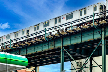 The aerial tramway running on the rails of The Bronx, which is a borough of New York City (USA),...