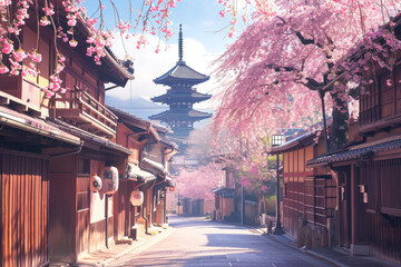 A Japanese street with a pagoda and a cherry blossom tree in the foreground - obrazy, fototapety, plakaty