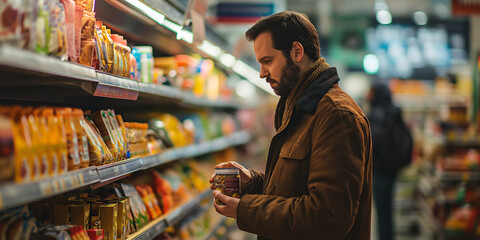 A curious customer gazes at a jar of delectable goods, surrounded by a bustling scene of retail and convenience in the supermarket marketplace - obrazy, fototapety, plakaty