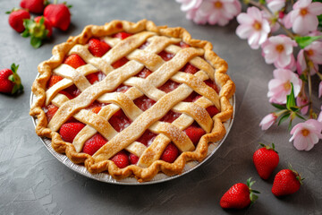 Classic baked strawberry pie with a lattice crust. Generative AI - obrazy, fototapety, plakaty