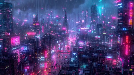 Cyberpunk-inspired neon cityscapes with intricate details and a futuristic color palette