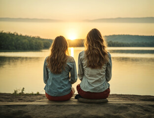 back side view, two young woman sitting on seat on sunset on the shore of a lake