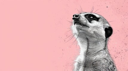  a black and white picture of a meerkat looking up at something on a pink background with a black and white outline of a meerkat looking up.