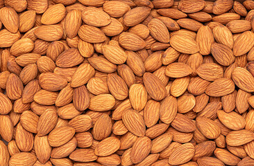 Macro blank photography of raw whole almonds, nuts, seeds, kernel, many, tasty, fresh; pattern; background; textured