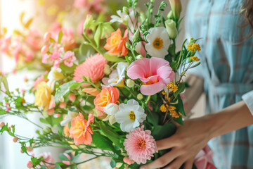 Florist holds a bouquet with fresh spring flowers. Generative AI