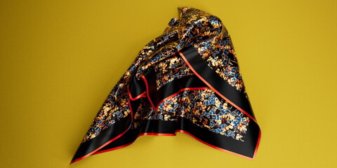 Abstract print silk pocket square with thick black and red border,  placed on top of vibrant yellow...