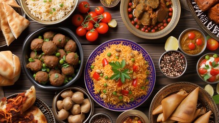Traditional Ramadan Feast Spread Displaying Diverse Dishes on a Wooden Table