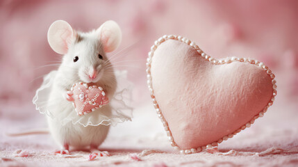 Small white mouse with cute petticoat, tulle tutu holding small felted, knitted pink heart decorated with some sequins on its heart. Mouse standing near another heart as big as she self.
