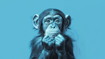  a close up of a monkey holding his hands to his face and looking at the camera with a surprised look on his face, on a blue background with a.