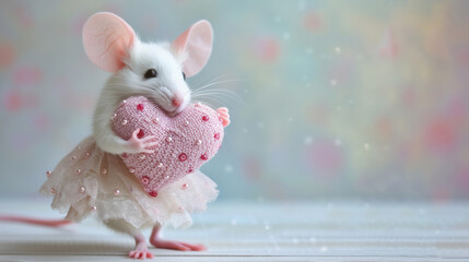 Small white mouse with cute petticoat, tulle tutu holding felted, knitted pink heart decorated with some sequins on its heart. Adorable mouse sending message of love, romance, feelings. - obrazy, fototapety, plakaty