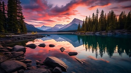 Serene scene by the mountain lake in canada at sunset