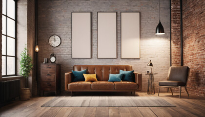Fototapeta premium Showcase Your Talent, Elegant Living Room with Brown Leather Sofa Mockup, Modern Home Decor and Interior Design Stock Photography