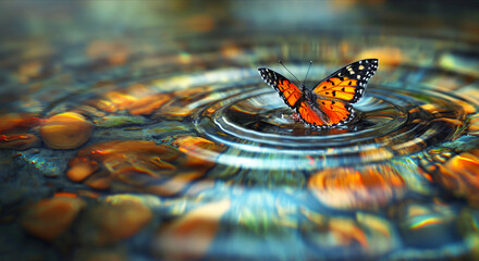 Fototapeta na wymiar colorful butterfly rests on water, its delicate wings creating ripples on the serene surface surrounded by smooth pebbles