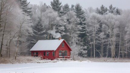 A bright burgundy wooden house stands alone in the middle of a large winter forest