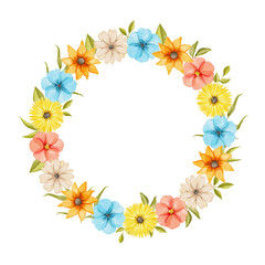Round floral frame with meadow bright flowers and foliage isolated on white background. Watercolor hand drawn illustration sketch
