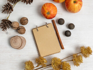 Fall autumn flat lay with vintage notebook, apples, walnuts, fall decorations on white wooden background. Top view. - 723288662