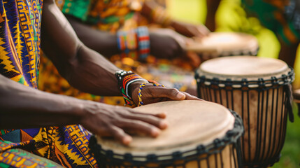 A traditional African drum circle with various percussion instruments captured in an outdoor cultural setting. - obrazy, fototapety, plakaty