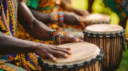 Fotobehang A traditional African drum circle with various percussion instruments captured in an outdoor cultural setting. © Lisan