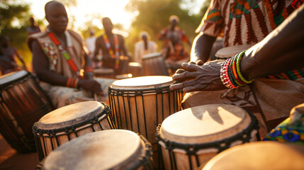 Fototapeta na wymiar A traditional African drum circle with various percussion instruments captured in an outdoor cultural setting.
