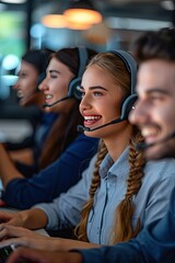 A group of multiethnic colleagues in a call center, their smiles showcasing the positive and friendly environment they create while assisting customers.
