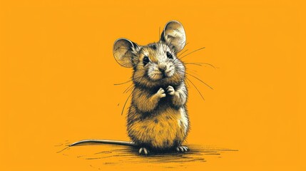  a drawing of a mouse standing on its hind legs with its front paws on its chest, with a yellow background and a black outline of the mouse's head. - obrazy, fototapety, plakaty