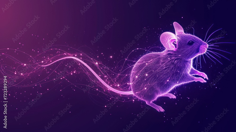 Poster a computer generated image of a mouse on a purple and pink background with lines of light coming out